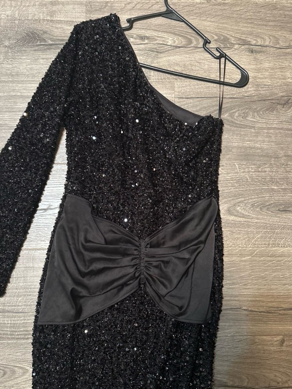 Fashion Nova Black One-Shoulder Sequin Dress with Statement Bow